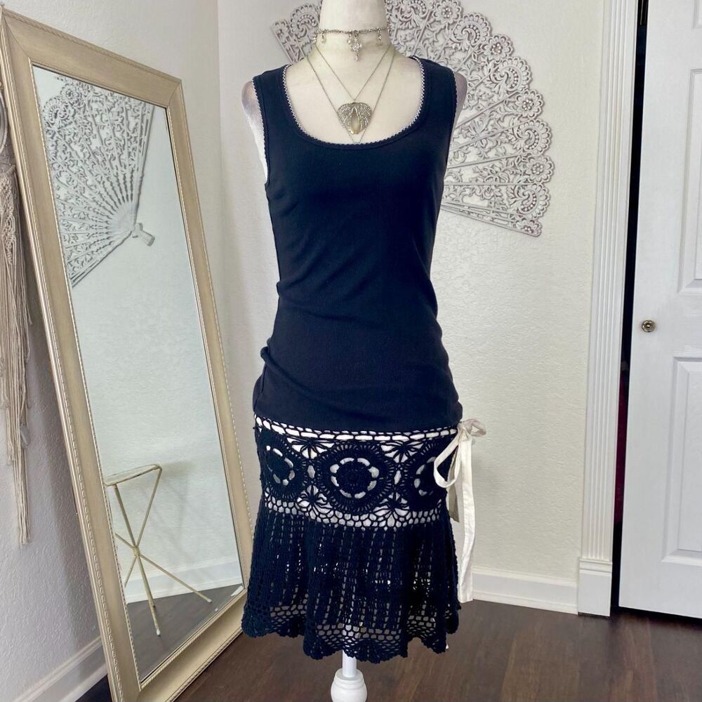 Moda International Early 2000's Rare Black Crochet Drop Waist Mermaid Dress XS